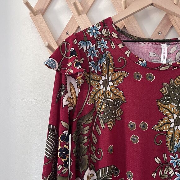 Watermelon 1X Burgundy Floral Print Fall Long Sleeve Dress - Picture 2 of 7